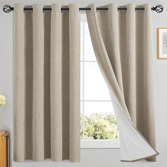Yakamok Natural Linen Curtains 100% Blackout 63 Inches Long,Room Darkening Textured Curtains for Living Room Thermal Grommet Bedroom Curtains 2 Panels with Greyish White Liner
