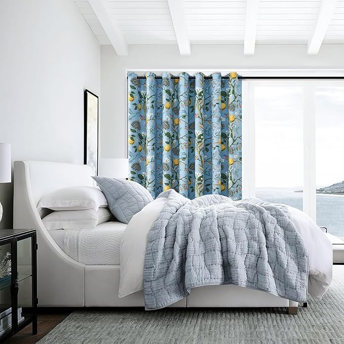 Topfinel Sliding Door Patio Floral Curtains & Drapes, Blackout Extra Wide Room Divider Large Blue Vintage Farmhouse Country Hummingbird Patterned Grommet Curtains 1 Single Panels W100 x L84