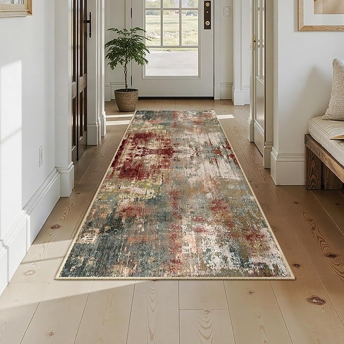 Washable Area Rugs 3x8 Non-Slip Modern Abstract Soft for Living Room Entryway Bedroom Nursery, Print Pattern, Brown Rust Red Green Blue Multi