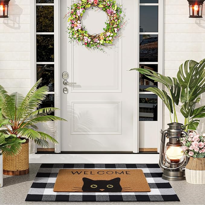 UINI Door Mat Combo Set, 28" x 43" Plaid Mat +17" x 30" Black Cat with Green Eyes Doormat, 2 PCS Welcome Mat Set for Front Door, Entrance, Porch Decor, Non-Slip
