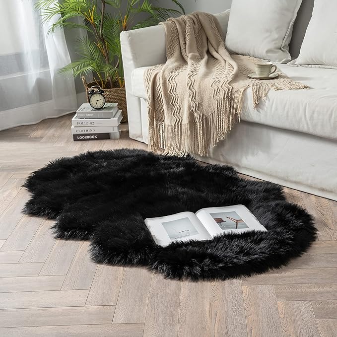 MIULEE Luxury Super Soft Fluffy Area Rug Faux Fur Sheepskin Rug Decorative Plush Shaggy Carpet for Bedside Sofa Floor Nursery Halloween 3 x 5 Feet, Black