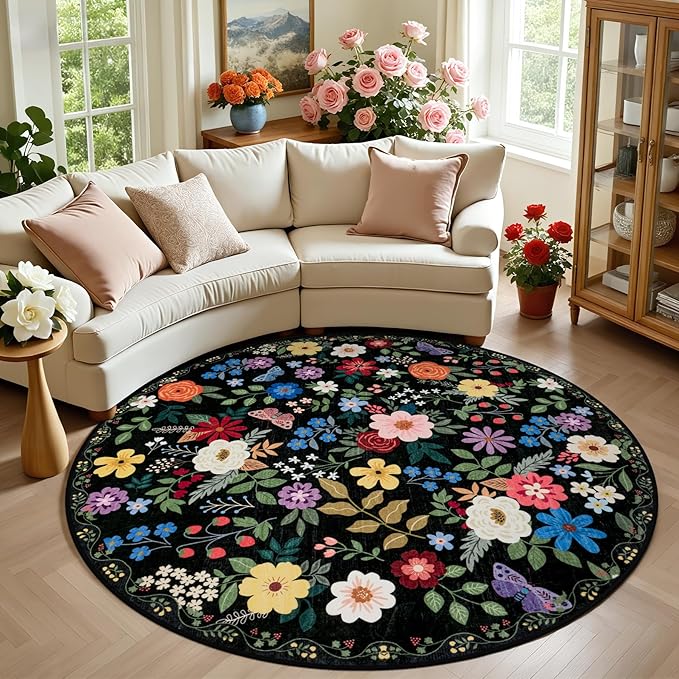 Round Area Rug for Living Room: 6 ft Floral Washable Circle Rug Soft Boho Non-Slip Carpet Indoor Stain Resistant Low Pile Small Circular Rug for Bedroom Entryway Kitchen Nursery Home Office Black