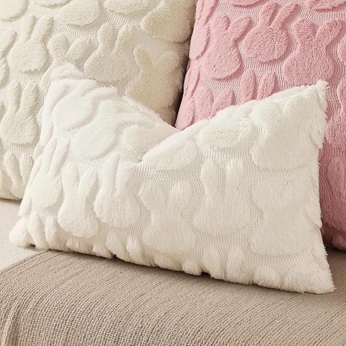 decorUhome Easter Bunny Pillow Covers 12x20 Inch Set of 2, Soft Plush Faux Wool Jacquard Cream White Rabbit Cushion Covers, Farmhouse Neutral Spring Easter Holiday Decor for Couch Sofa Bed