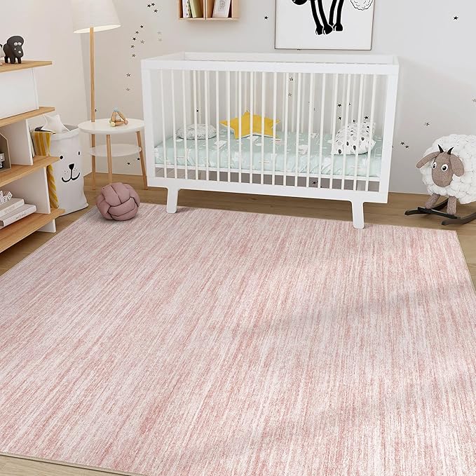 Nakagishi 5x8 Area Rugs Living Room: Washable Large Vintage Rug Neutral Non-Slip Soft Stain Resistant Indoor Carpet for Bedroom Nursery Dining Room Office Playroom - Pink-01