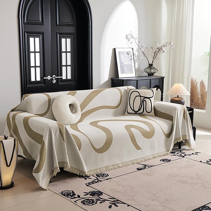 MYSKY HOME Couch Cover for 3 Cushion Sofa, Super Soft Boho Couch Covers for Dogs Washable, Jacquard Slipcover Furniture Protector for Living Room, 91" x 118", Khaki Curve