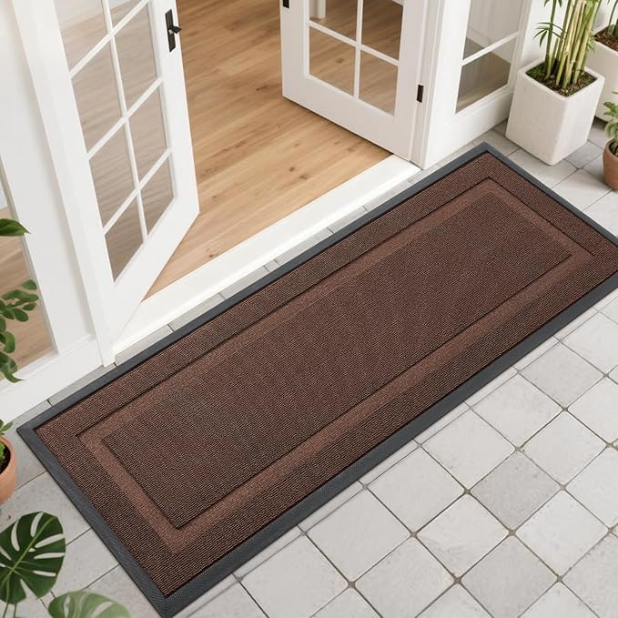 OLANLY Front Door Mat Indoor Outdoor Entrance, Waterproof All-Season, All-Weather Doormat, Sturdy Natural Rubber, Low Profile, Easy Clean Patio Porch Entryway Mat, 47x17, Chocolate Brown