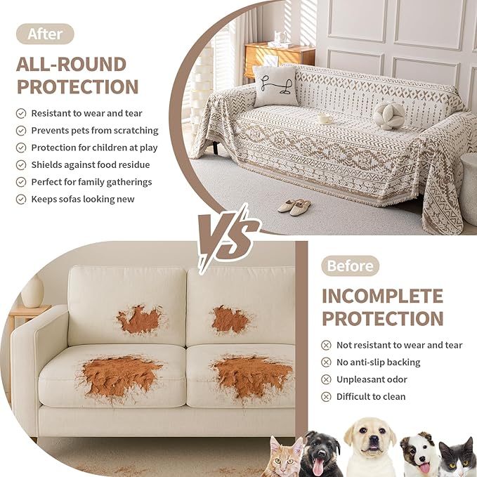 Boho Chenille Couch Cover for Dogs, Non Slip Sofa Cover, Couch Slipcover Covers for 3 Cushion, Furniture Protector with Tassels for Pets Washable, 71"x118", Geometric Khaki
