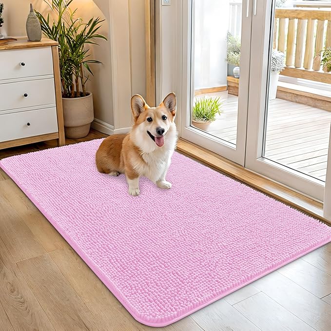 OLANLY Dog Door Mat for Muddy Paws 45x27, Absorbs Moisture and Dirt, Absorbent Non-Slip Washable Doormat, Quick Dry Chenille Mud Mat for Dogs, Entry Indoor Entryway Carpet for Inside Floor, Pink