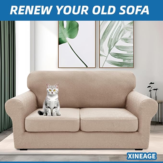 XINEAGE 2026 New 3 Pieces Couch Covers for 2 Cushion Sofa Super Stretch Loveseat Slipcover Pet Dog Universal Slip Cover Anti Slip Love Seat Furniture Protector (Khaki, 55"-69")