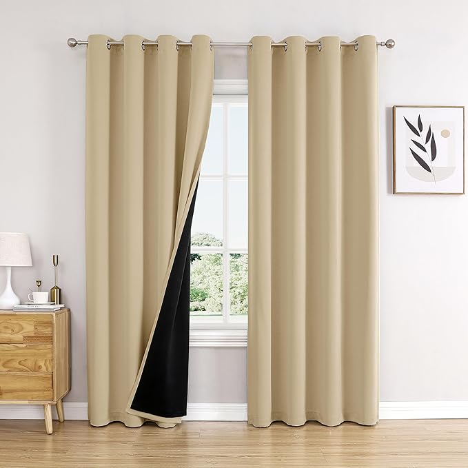 ChrisDowa 100% Blackout Curtains 102 inch Long for Bedroom with Black Liner, 2 Thick Layers Total Blackout Thermal Insulated Grommet Window Curtains 2 Panels Set (Beige, 52 x 102 Inch)