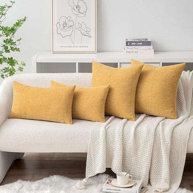 MIULEE Pack of 2 Couch Throw Pillow Covers 20x20 Inch Soft Beige Yellow Chenille Pillow Covers for Sofa Living Room Spring Home Decor Couch Solid Dyed Cases