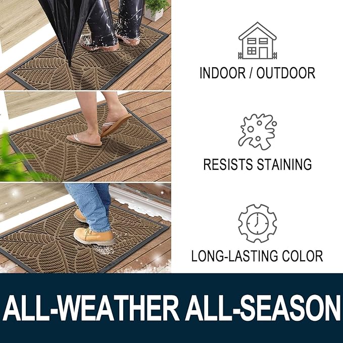 Colorxy Waterproof Doormat, Sturdy Natural Rubber Front Indoor Mat, Non Slip Low Profile Outdoor Door Mat, Stain and Fade Resistant Floor Mats, Easy Clean Patio Entry Mat, 59''x20'', Light Brown