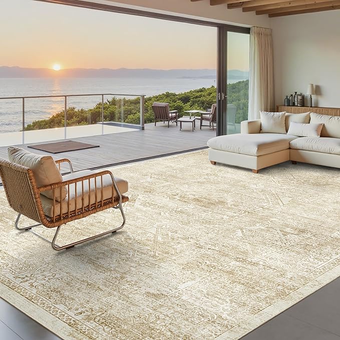 Washable Area Rug 9x12, Large Soft Rugs for Living Room Vintage Beige Rug 9x12 Area Rugs for Bedroom Dining Room Floral Non-Slip Thin Rug
