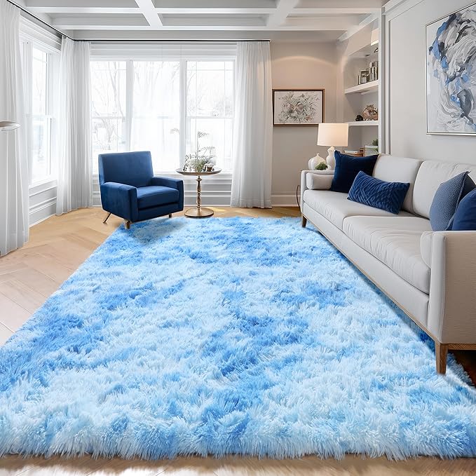 ONASAR Tie-Dye Blue Rugs for Living Room Bedroom, Fluffy 5x8 Bedside Area Rug, Soft Plush Shaggy Indoor Floor Carpet for Nursery Kids Girls Boys Teen Dorm Home Office Decor Aesthetic