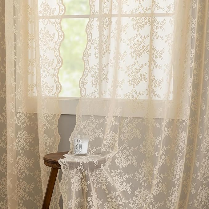 YJ YANJUN Vintage Lace Curtains 45 Inch Length- Cute Floral Cafe Curtains for Living Room Bathroom Kitchen Small Window Cabinet Rod Pocket Light Filtering W52 X L45 Beige