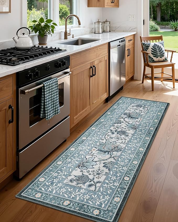 GarveeHome Provence Misty Blue 2x6 Washable Kitchen Runner Rugs Non Slip Vintage Boho Cottage Long Rug for Hallways Bedroom Entryway Bathroom Mat with Rubber Back