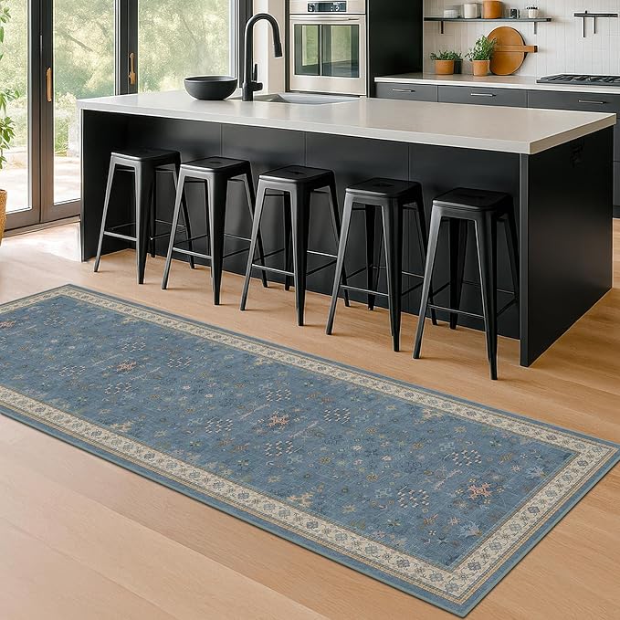 Hazo Haus Boho 2x6 Non Slip Kitchen Rug Runner - Light Blue Washable Rug for Bathroom, Laundry Room, Hallway, Non Slip with Rubber Backing, Floral Eclectic Unique Runner Décor