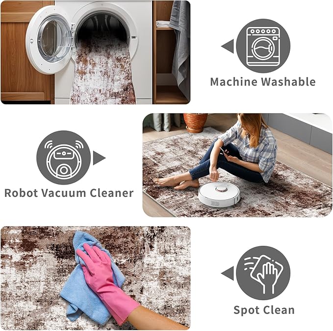 3x12 Washable Runner Rugs for Hallway: Long Abstract Runners for Entryway Bedroom - Stain and Water Resistant Rugs with Non-Slip Backing - Soft Low-Pile Carpet Brown Khaki White