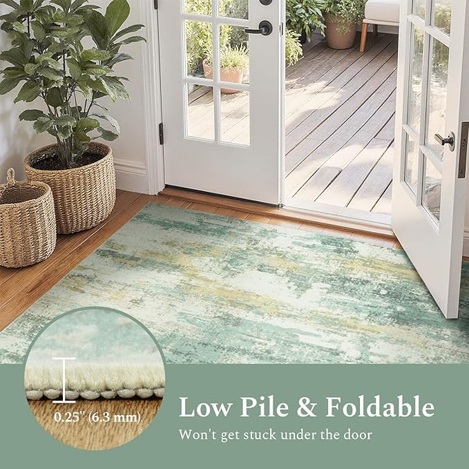 Rugflix 8x10 Area Rugs for Living Room, Washable Large Rug Stain-Resistant Low Pile, Modern Carpet for Dining Room Home Office Kid Room Nursery Bedroom, Light Green