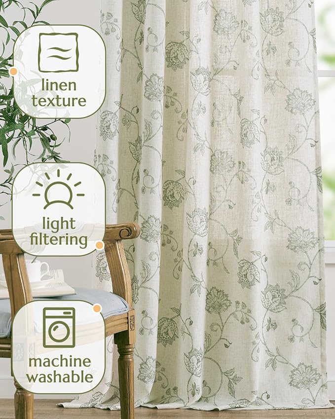 jinchan Linen Curtains Floral Curtains 96 Inch Length for Living Room Bedroom Light Filtering Rod Pocket Back Tab Farmhouse Curtains Flax Linen Texture Window Drapes Set 2 Panels Green on Linen