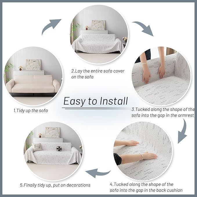 MYSKY HOME Boho Couch Cover White Sofa Covers with Tassel Farmhouse Sofa Slipcover Simple Couch Protector for Dogs Chenille Sectional Couch Covers L Shaped Couch Cushion Covers, 91"x 134"