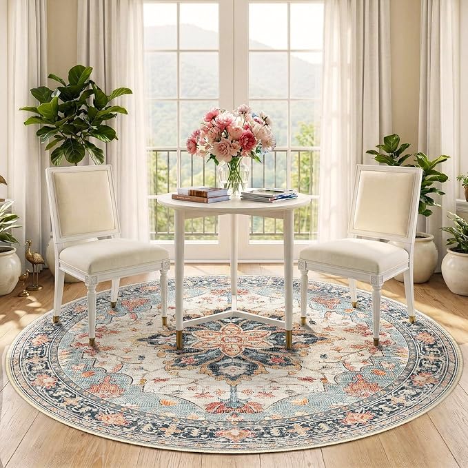 RELEANY Area Rugs 5ft Washable Non-Slip, Floral Vintage Distress Print Pattern Medallion Carpet for Living Room Bedroom Dining Room, Beige Navy Blue Orange Colorful