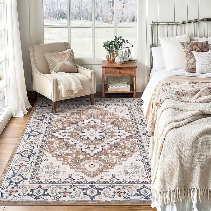 Lofus 5x8 Area Rugs for Living Room, Washable Area Rug, Rugs for Bedroom, Kitchen, Vintage Boho Carpet, Soft Non-Slip, Low Pile Large Area Rug for Office Dining Room, Floral Brown