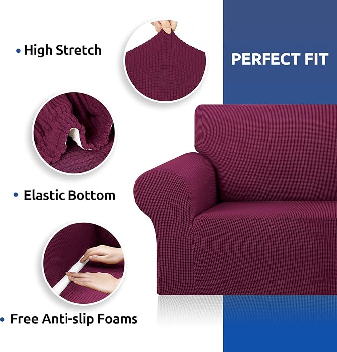 KEKUOU Stretch Sofa Cover Slipcover ，Couch Covers for 3 Cushion Couch Sofa pet Friendly (78"-94") Furniture Protector Sofa with Elastic Bottom for Kids,Dog, Jacquard Small Checked(Large,Wine)