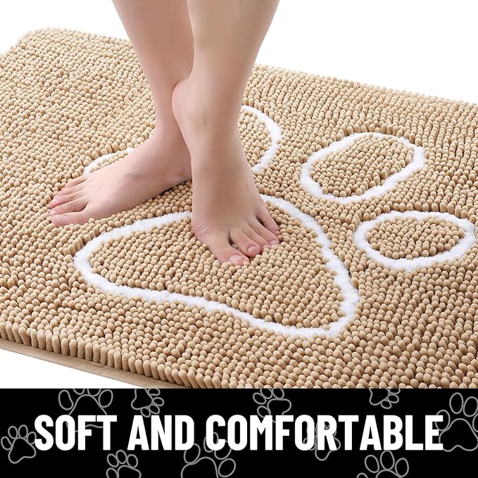 Smiry Dog Door Mat for Muddy Paws, Absorbent Dirt Trapper Non Slip Quick Dry Washable Chenille Mat for Mud Dogs, Entry Rug for Indoor and Outdoor (47x20 Inches, Beige and White)