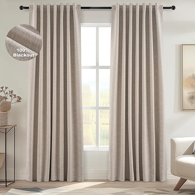 Topfinel 94 Inches Long Taupe Flax Custom Blackout Linen Curtains, Viral Ivory Pinch Pleated Noise Cancelling Curtains with Pin Hooks for Traverse, Burlap Viral Drapes 2 Panels for Living Room