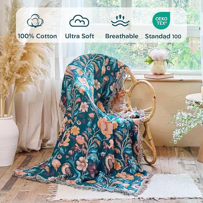 MSGKV Boho Throw Blanket for Couch 50"x60" Cotton Birds Floral Blanket Sofa Chair Blankets Muslin Spring Breathable All Seasons Lightweight Farmhouse Blankets Home Decor