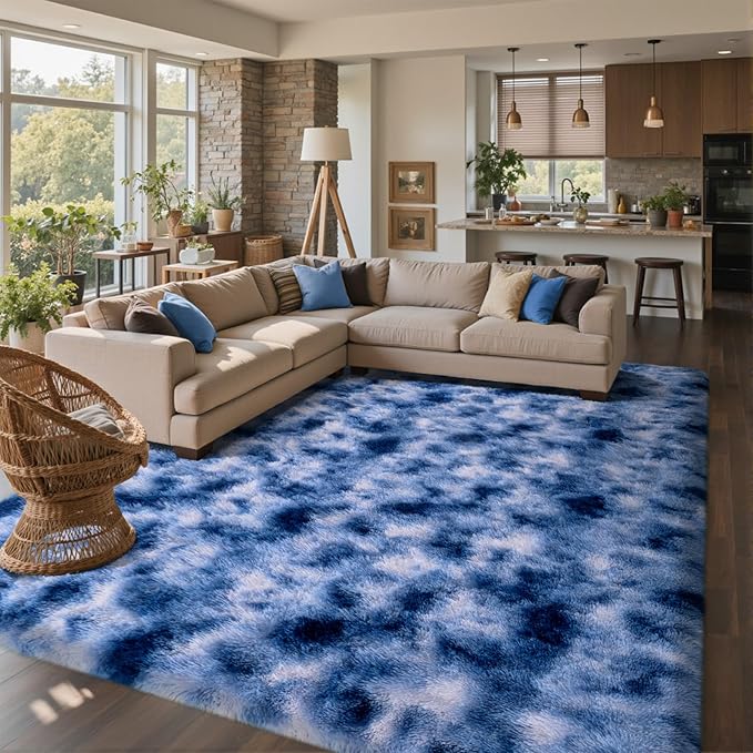 8x10 Ft Extra Large Shag Rugs for Living Room, Ultra Soft Fluffy Furry Area Rugs for Bedroom Indoor Floor, Aesthetic Carpet for Kids Home Decor (Blue)