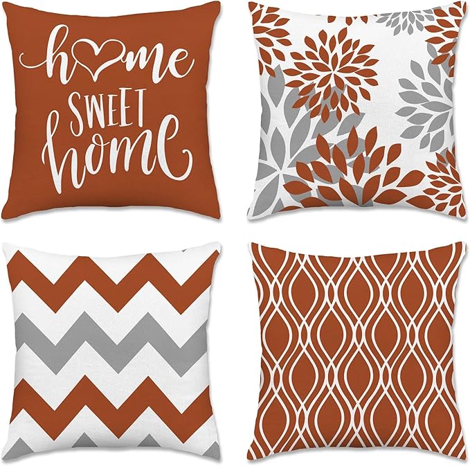 Hexagram Geometric Burnt Orange Pillow Covers 18x18 Set of 4, Decorative Outdoor Boho Modern Throw Pillow Covers, Home Sweet Home Farmhouse Cushion Case for Couch Sofa Bedroom Indoor Decor(No Insert)