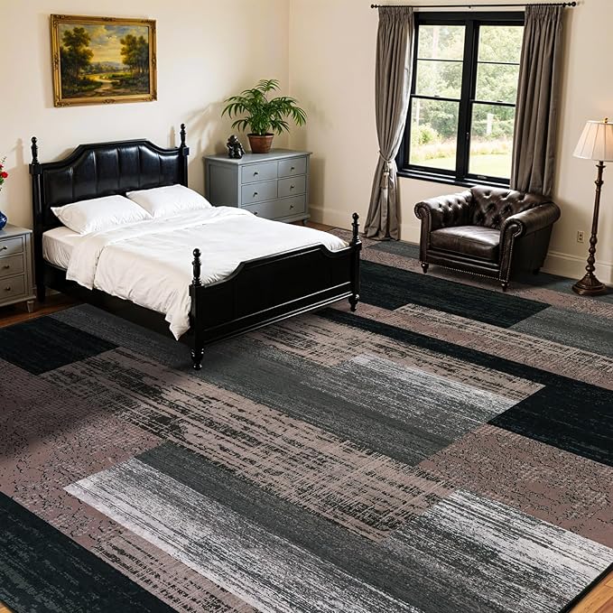 10x12 Washable Area Rugs for Living Room and Bedroom, Vintage Checkered Pattern Non-Slip Carpet, Stain Resistant Low Pile Soft Rug for Dining Room,Office,Nursery,Kids Room(10x12,Chocolate)