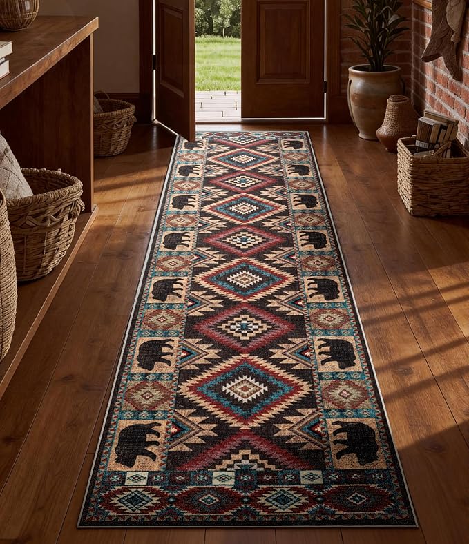Hallway Runner Rug 2x8 Indoor Door Mat - Western Rug Bear Rustic Cabin Non-Slip Entryway Rug, Low Pile Tribal Print for Kitchen, Bedroom