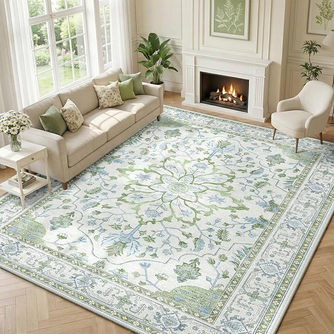 Area Rugs 9'x12' Washable Non-Slip, Floral Vintage Distress Print Pattern Medallion Carpet for Living Room Bedroom Dining Room, Green White Blue