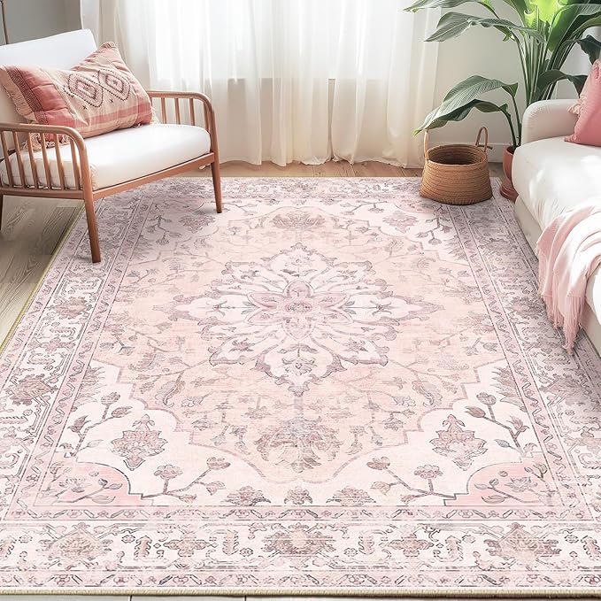 Area Rugs 5'x7' Washable Non-Slip, Floral Vintage Distress Print Pattern Medallion Carpet for Living Room Bedroom Dining Room, Pink Greypink Cute