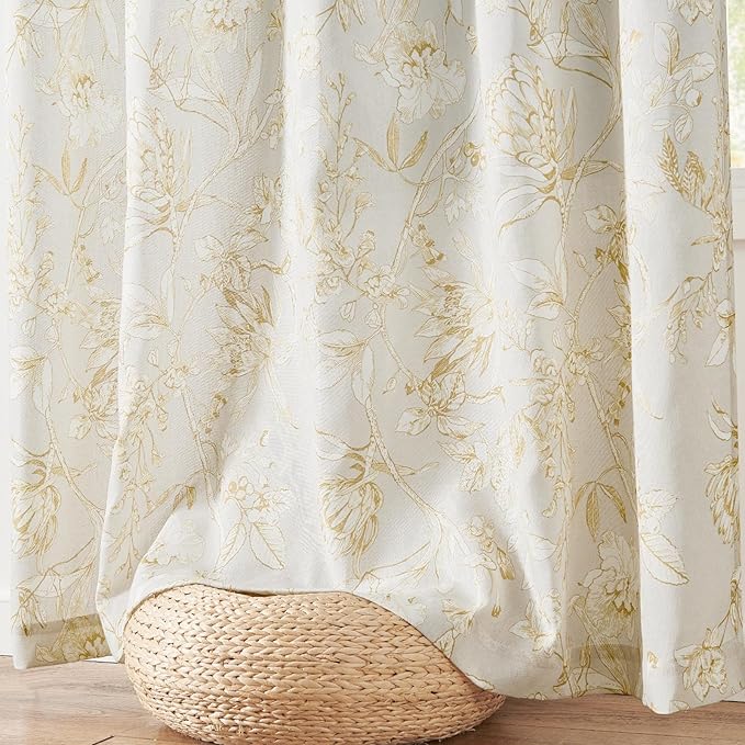 jinchan Floral Curtains 108 Inch Length Mustard Yellow Flower Linen Farmhouse Curtain for Living Room French Country Vintage Curtain Rod Pocket Curtains Set 2 Panels Floral Printed