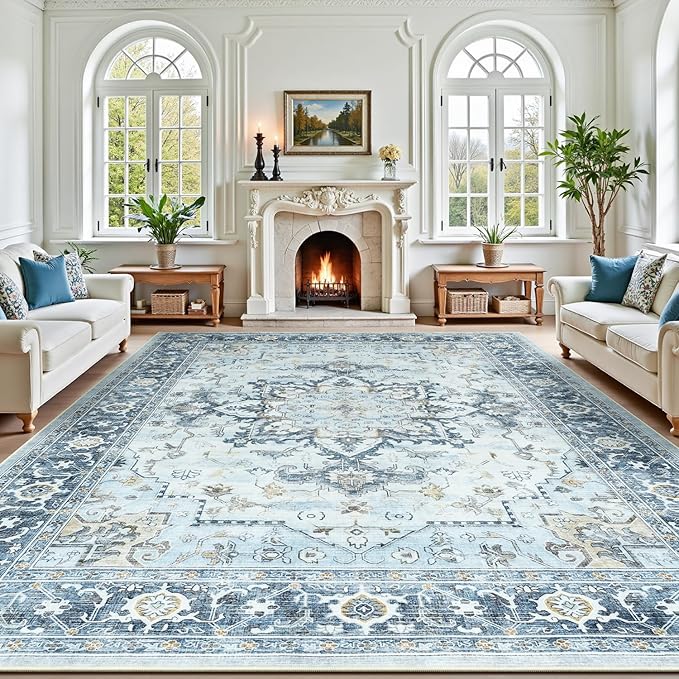 Lofus 8x10 Area Rugs for Living Room, Machine Washable Non-Slip Area Rug, Low Pile Large Rugs for Bedroom, Kitchen, Dining Room, Home Office, Vintage Oriental Print Rug, Blue Gold