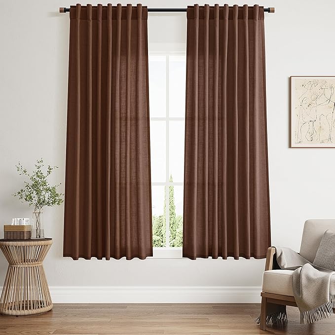 Mocha Brown Linen Curtains 63 Inches Long 2 Panel Sets for Living Room Bedroom Rod Pocket Back Tab Light Filtering Drape for Kitchen Window Short Protect Privacy Curtain Modern Farmhouse Decor 52x63