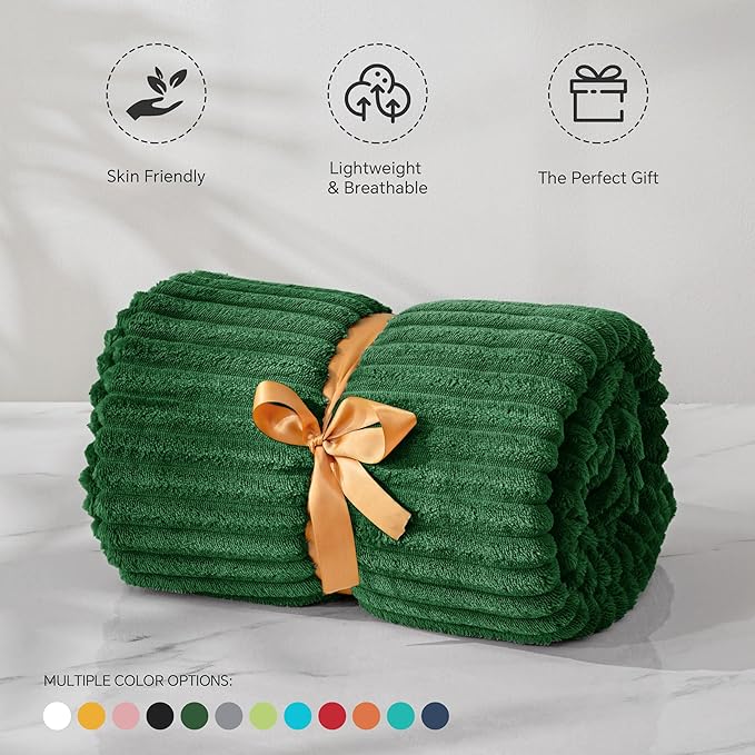 BEDELITE Fleece Throw Blanket for Couch – 3D Ribbed Jacquard Soft and Warm Decorative Fuzzy Blanket – Cozy, Fluffy, Plush Lightweight Green Throw Blankets for Bed, Sofa, 50x60 inches