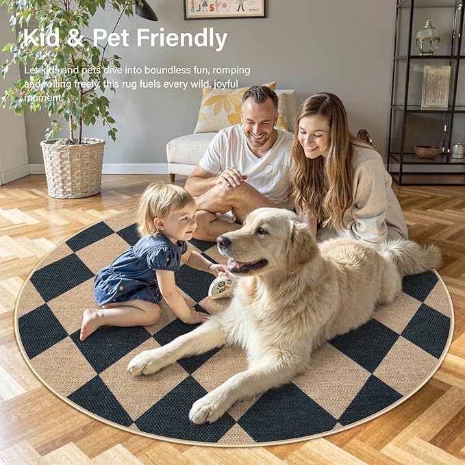 Lahome Colette Checkered Round Rugs 6ft, Washable Easy Jute Circle Patio Rug Indoor Outdoor Rugs for Living Room, Farmhouse Natural Round Area Rug Contemporary Carpet for Entryway Backyard
