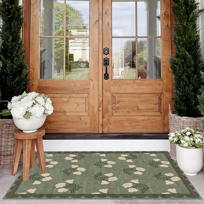 Floral Outdoor Rug - 28" x 43" Front Door Mat Indoor Outside Entrance Non-Slip Washable Outdoor Mat Sage Green Spring Scalloped Rug for Entryway Kitchen Bedroom Layered Doormat for Front Porch