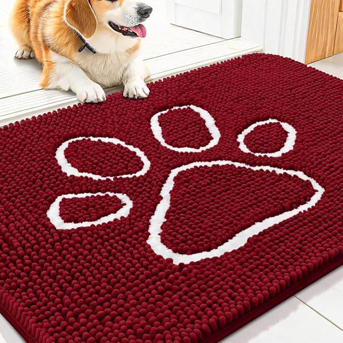 Smiry Dog Door Mat for Muddy Paws, Absorbent Dirt Trapper Non Slip Quick Dry Washable Chenille Mat for Mud Dogs, Entry Rug for Indoor and Outdoor (30x20 Inches, Red and White)
