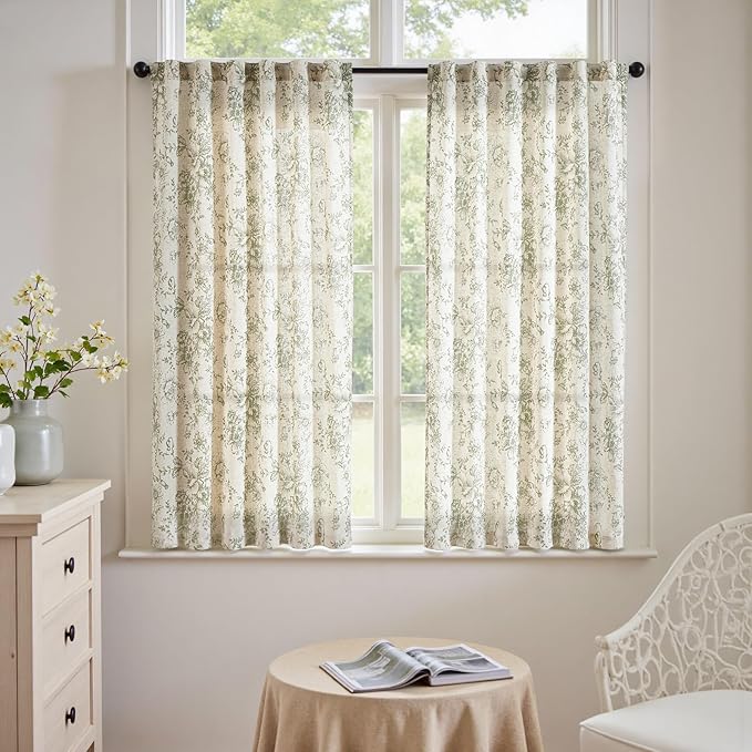 jinchan Linen Blend Floral Curtains for Living Room 54 Inch Length Farmhouse Printed Curtain Rod Pocket Back Tab Sage Green Peony Flower Patterned Drapes Bedroom Curtains Set 2 Panels
