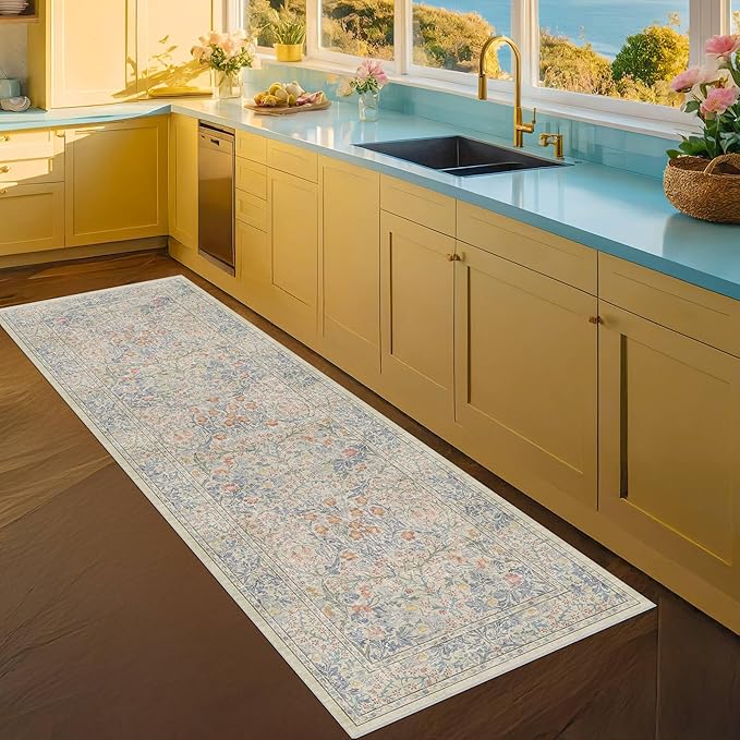 Hazo Haus Washable Bathroom Runner Rug 2x6 - Long Runner Rugs for Laundry Room, Bedroom, 24 x 72 Kitchen Floor Mat - Non Slip Vintage Design Décor, Beige Blue
