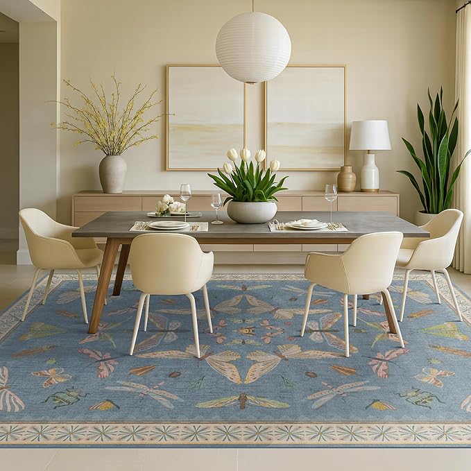 Hazo Haus Insect Light Blue Rug for Living Room - 9x12 Cute Rugs for Bedroom, Moth Floral Boho Design, Low Pile Stain Resistant Washable, Perfect for High Traffic Area