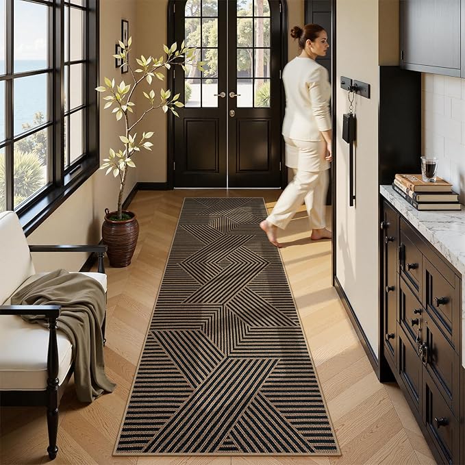 Lahome Enfys Modern Geometric Runner Rug, 2x8 Washable Rug Runners for Hallways Non Slip, Black Outdoor Carpet with Rubber Backing, Farmhouse Non Shedding Kitchen Mats for Floor Entryway