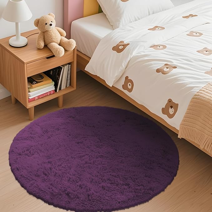 OLANLY Dark Purple Round Rugs for Bedroom - Machine Washable, 3 ft Circle Area Rugs for Living Room, Soft and Fluffy Shaggy Carpet for Teen Girl and Boys, Nursery Rooms, Dorms, Home Decor Aesthetic