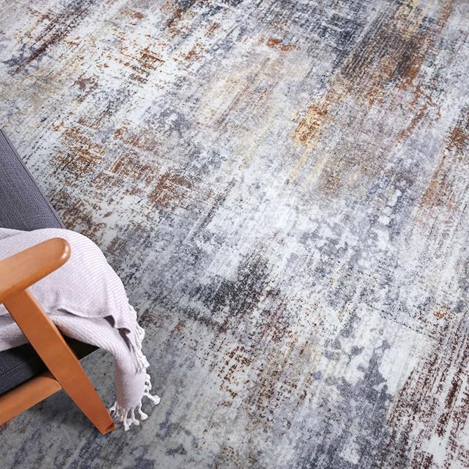 IOHOUZE Abstract Area Rug 3x5 Ft Washable Rugs for Entryway Indoor, Non Slip Kitchen Rug Printed Faux Wool Throw Rugs, Indoor Door Mat for Door Entrance Foyer Living Room, Orange Grey